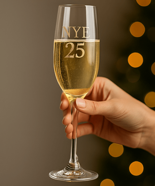 NYE 25 Gold Engraved Champagne Flutes — New Year’s Eve Celebration Set by JT's
