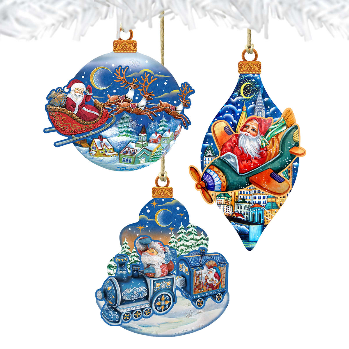 Traveling Santa Wooden Ornaments Set of 3 by G. DeBrekht - Christmas Santa Snowman Décor - 8100001S3 by G. DeBrekht