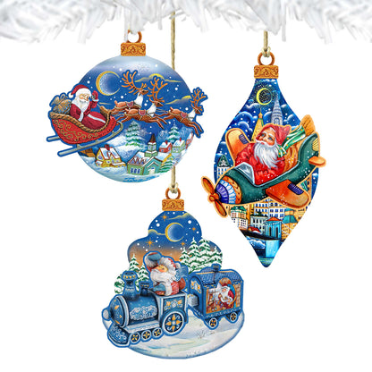 Traveling Santa Wooden Ornaments Set of 3 by G. DeBrekht - Christmas Santa Snowman Décor - 8100001S3 by G. DeBrekht
