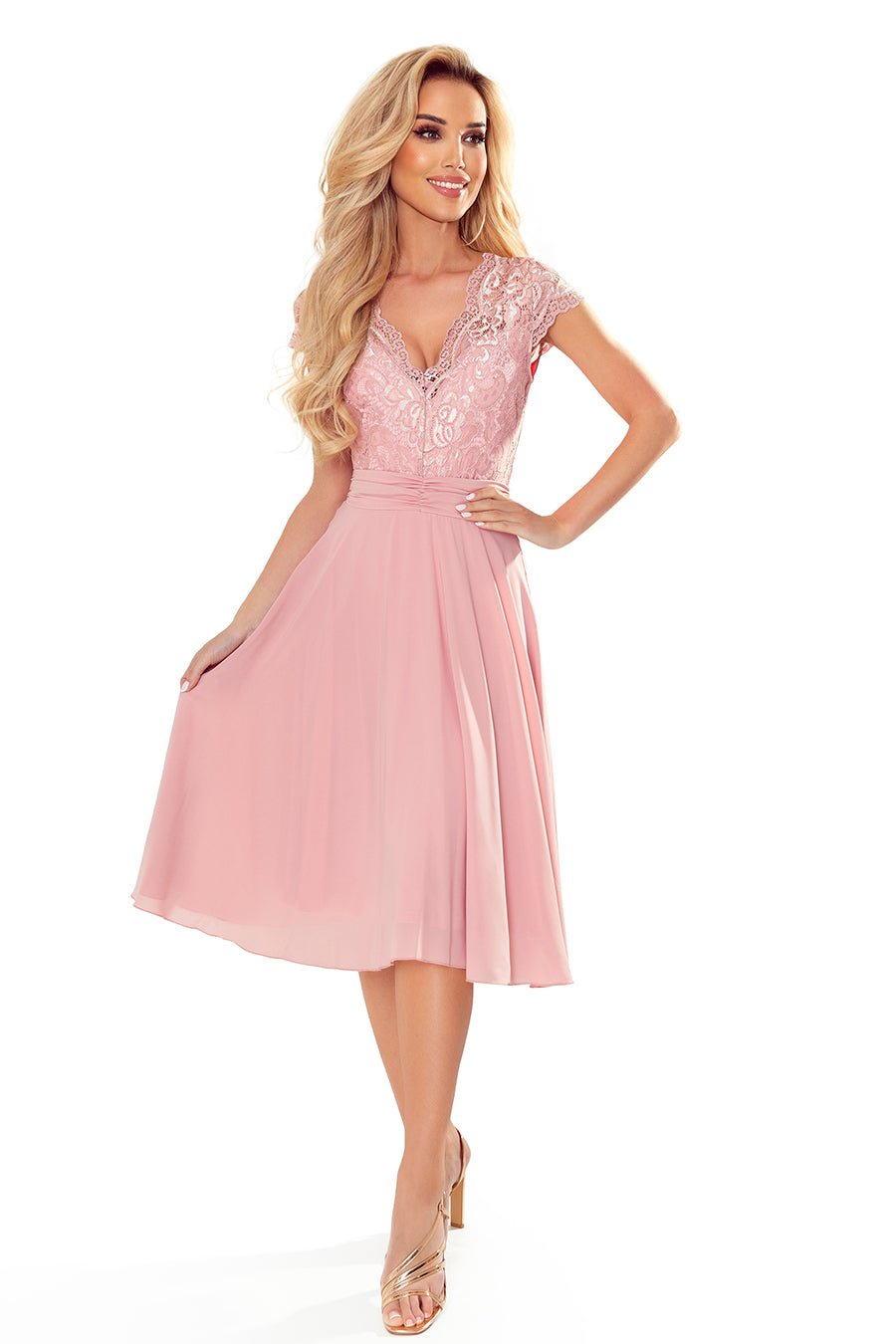 Numoco 381-1 LINDA - chiffon dress with lace neckline - dirty pink Numoco