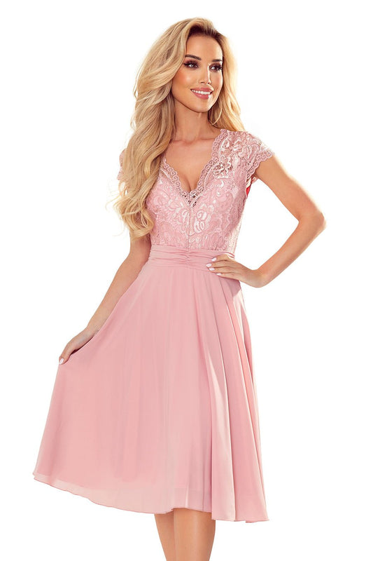 Numoco 381-1 LINDA - chiffon dress with lace neckline - dirty pink Numoco