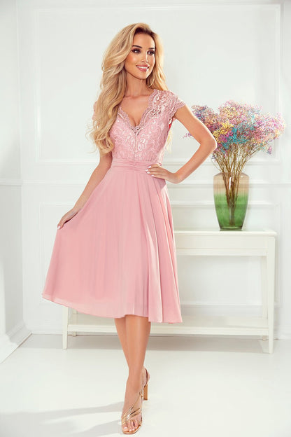 Numoco 381-1 LINDA - chiffon dress with lace neckline - dirty pink Numoco