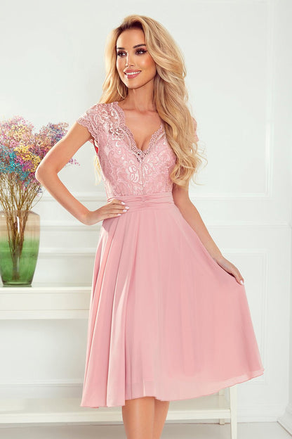 Numoco 381-1 LINDA - chiffon dress with lace neckline - dirty pink Numoco