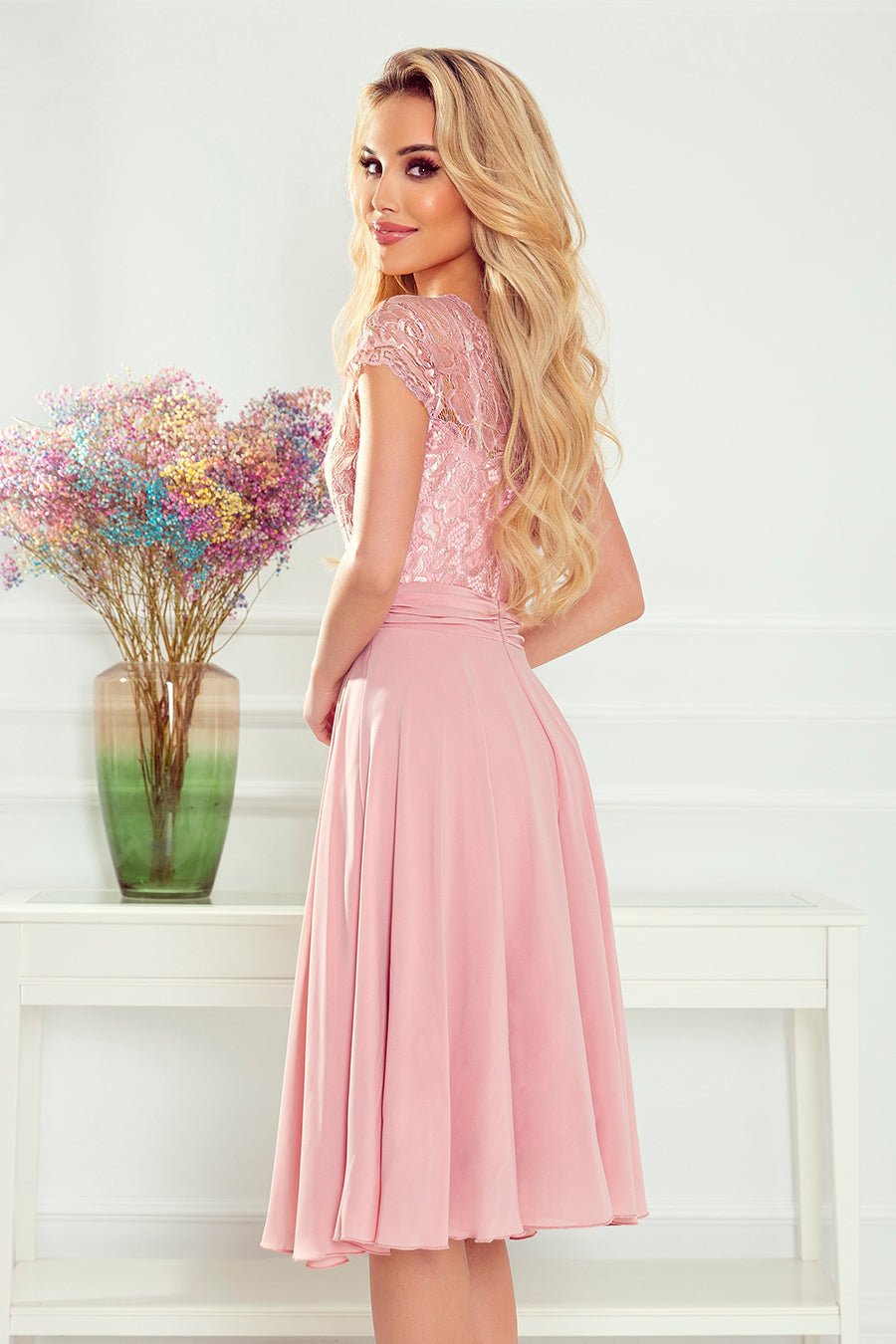 Numoco 381-1 LINDA - chiffon dress with lace neckline - dirty pink Numoco