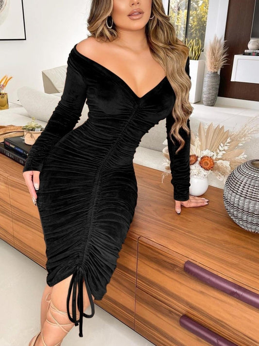 Women's Dresses V Neck Off The Shoulder Velvet Ruched Mid-length Dresses ForeverGifts's Studio
