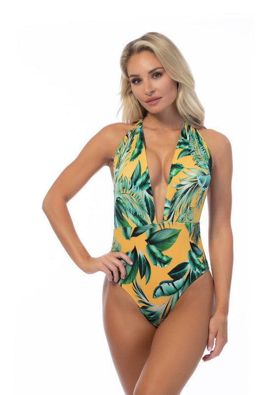 Ribbed Tropical V Neck Halter One Piece Swimsuit Full Coverage - ForeverGifts's Studio