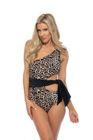 Leopard Color Block One Shoulder Swimsuit With Cutout Waist Tie Removable Pads - ForeverGifts's Studio