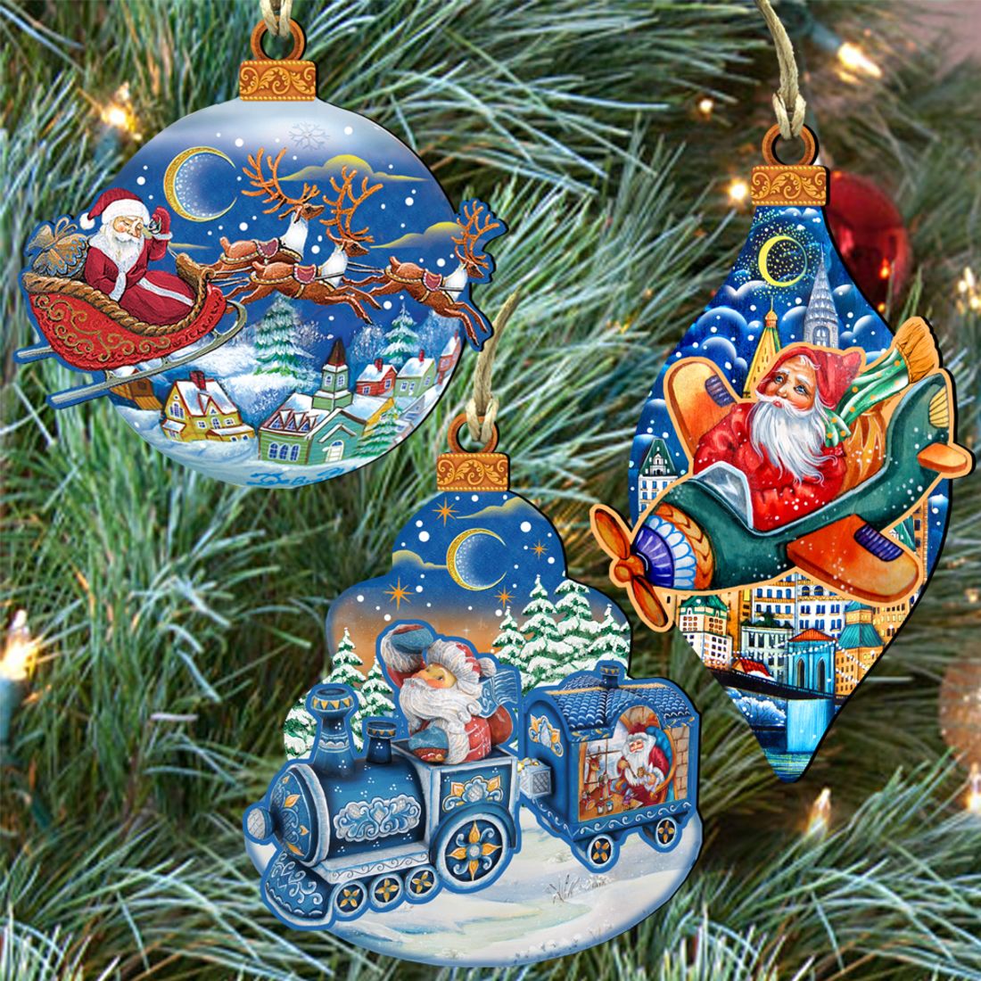 Traveling Santa Wooden Ornaments Set of 3 by G. DeBrekht - Christmas Santa Snowman Décor - 8100001S3 by G. DeBrekht