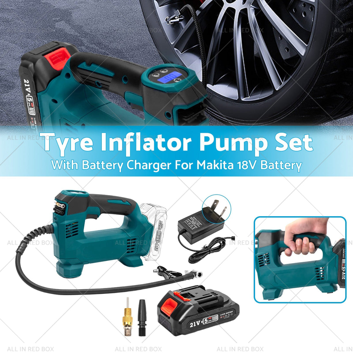 Cordless Portable Tyre Inflator Pump w/ Battery Charger For Makita 18V Battery by All in Red Box
