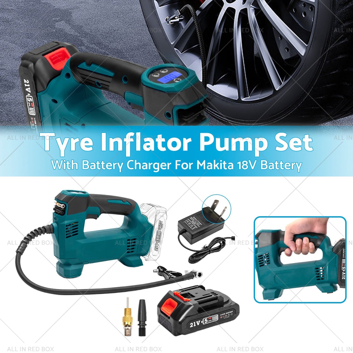 Cordless Portable Tyre Inflator Pump w/ Battery Charger For Makita 18V Battery by All in Red Box