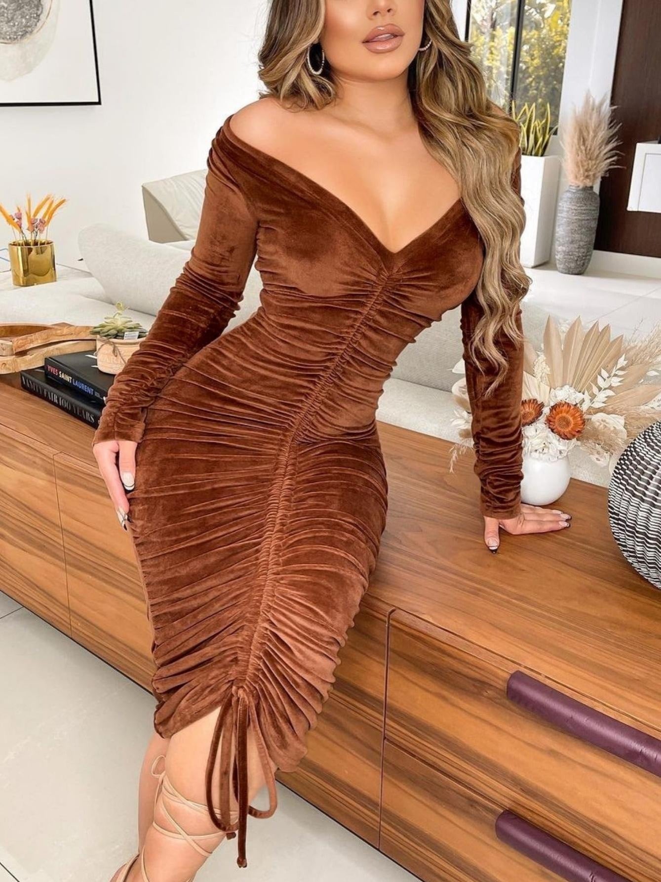 Women's Dresses V Neck Off The Shoulder Velvet Ruched Mid-length Dresses ForeverGifts's Studio