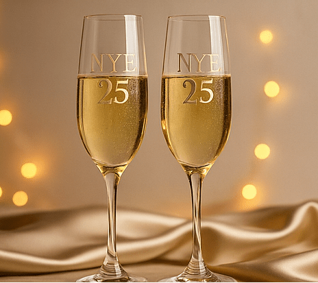 NYE 25 Gold Engraved Champagne Flutes — New Year’s Eve Celebration Set by JT's