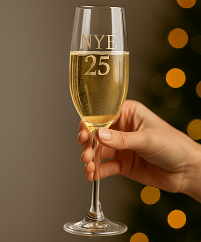 NYE 25 Gold Engraved Champagne Flutes — New Year’s Eve Celebration Set by JT's