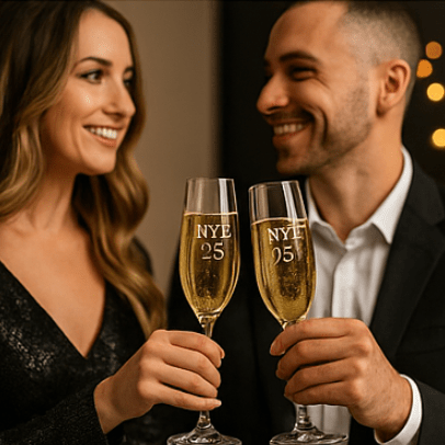 NYE 25 Gold Engraved Champagne Flutes — New Year’s Eve Celebration Set by JT's