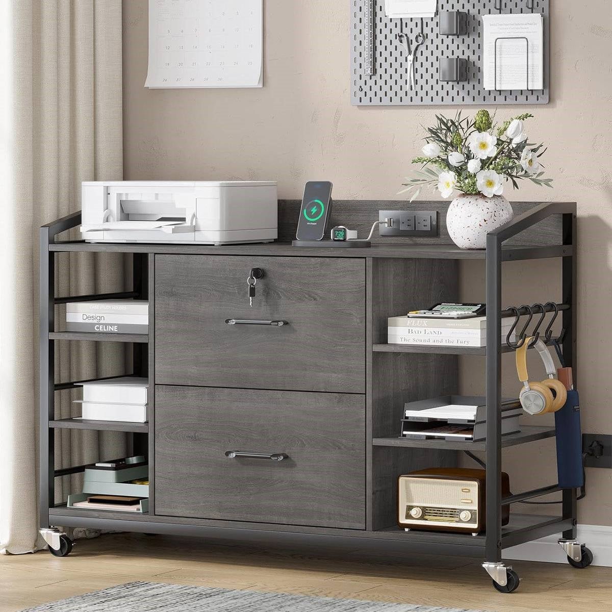Grey Printer Stand Bookcase Power Station Mobile Office File Cabinet by FastFurnishings