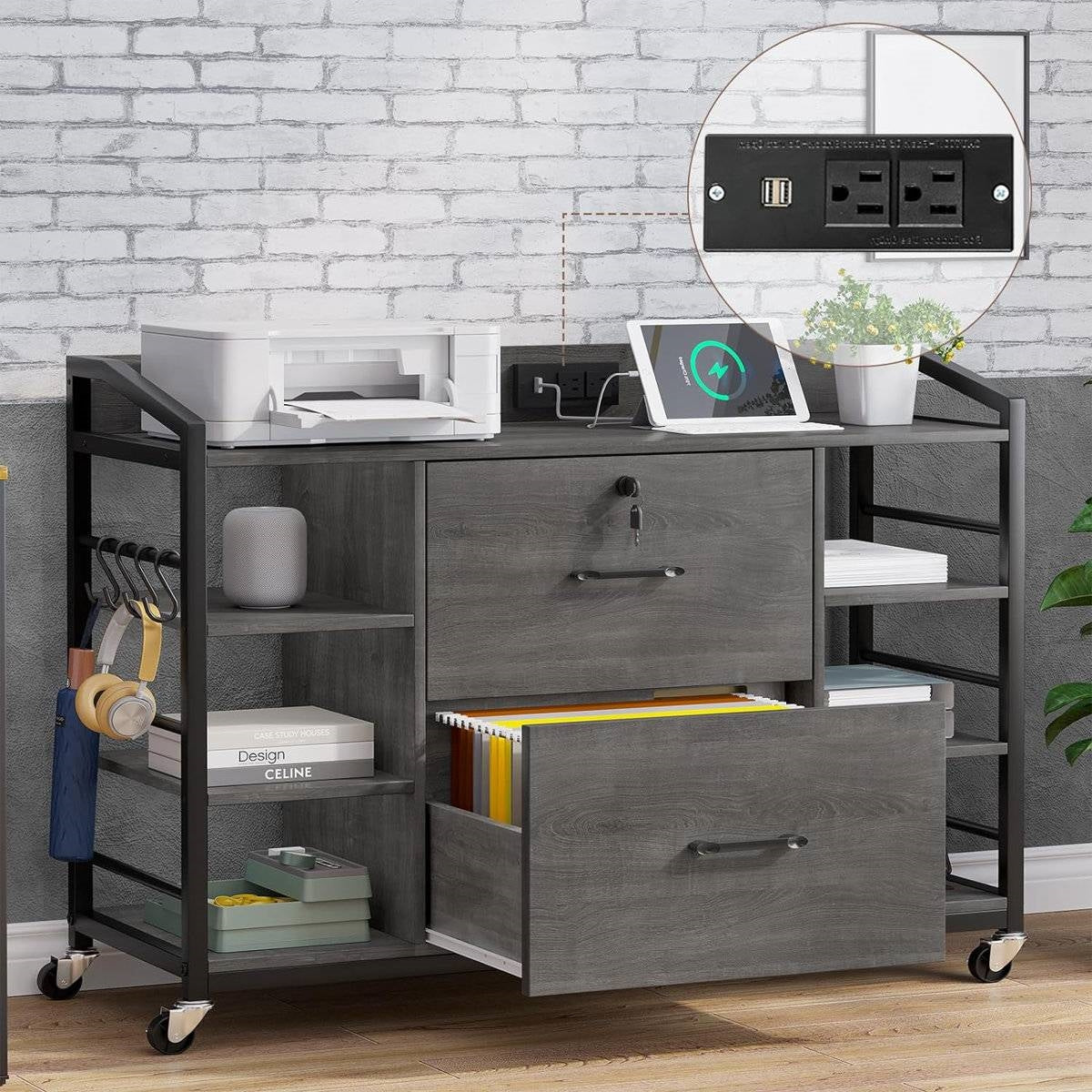 Grey Printer Stand Bookcase Power Station Mobile Office File Cabinet by FastFurnishings