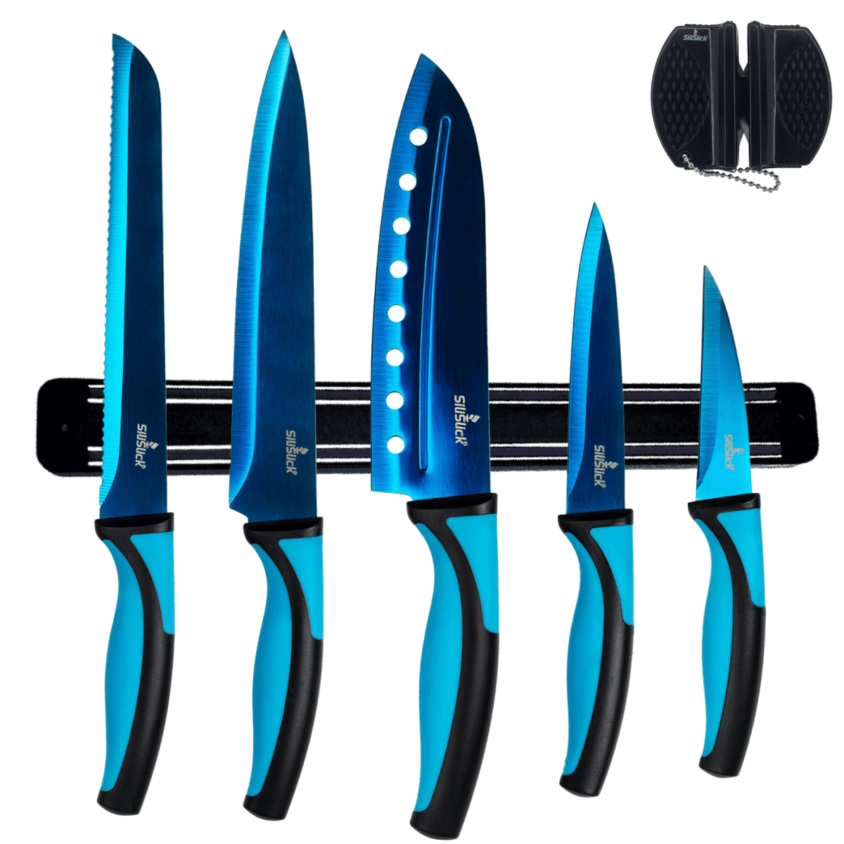 Kitchen Knife Set Kit & Black Magnetic Rack & sharpener DC-SiliSlick®