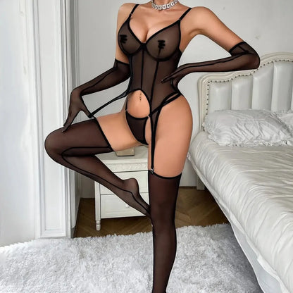 AVELINE 2025Cross border sexy perspective women's set with hollow out sexy backless body shaping four piece set by VidaXL