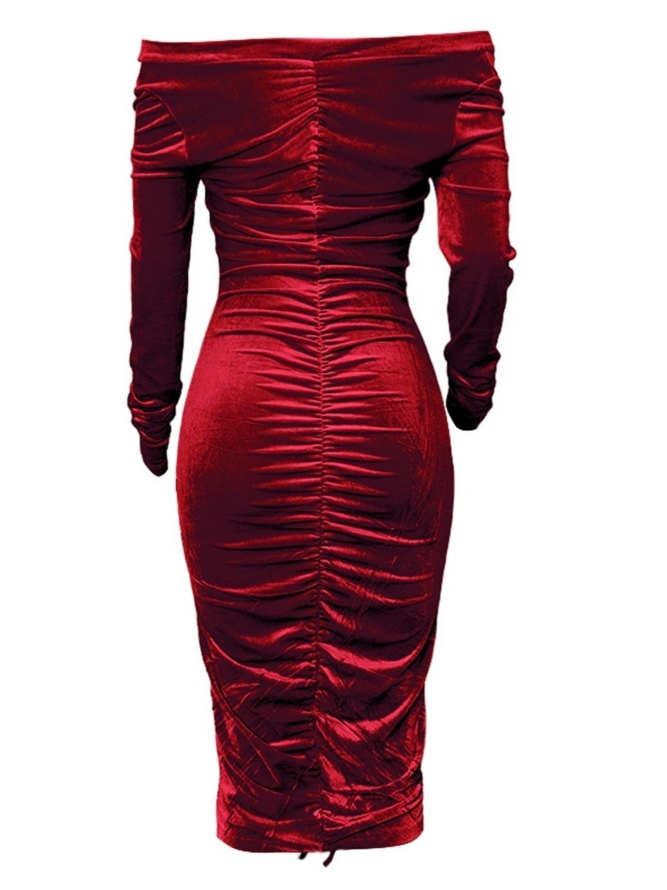 Women's Dresses V Neck Off The Shoulder Velvet Ruched Mid-length Dresses ForeverGifts's Studio