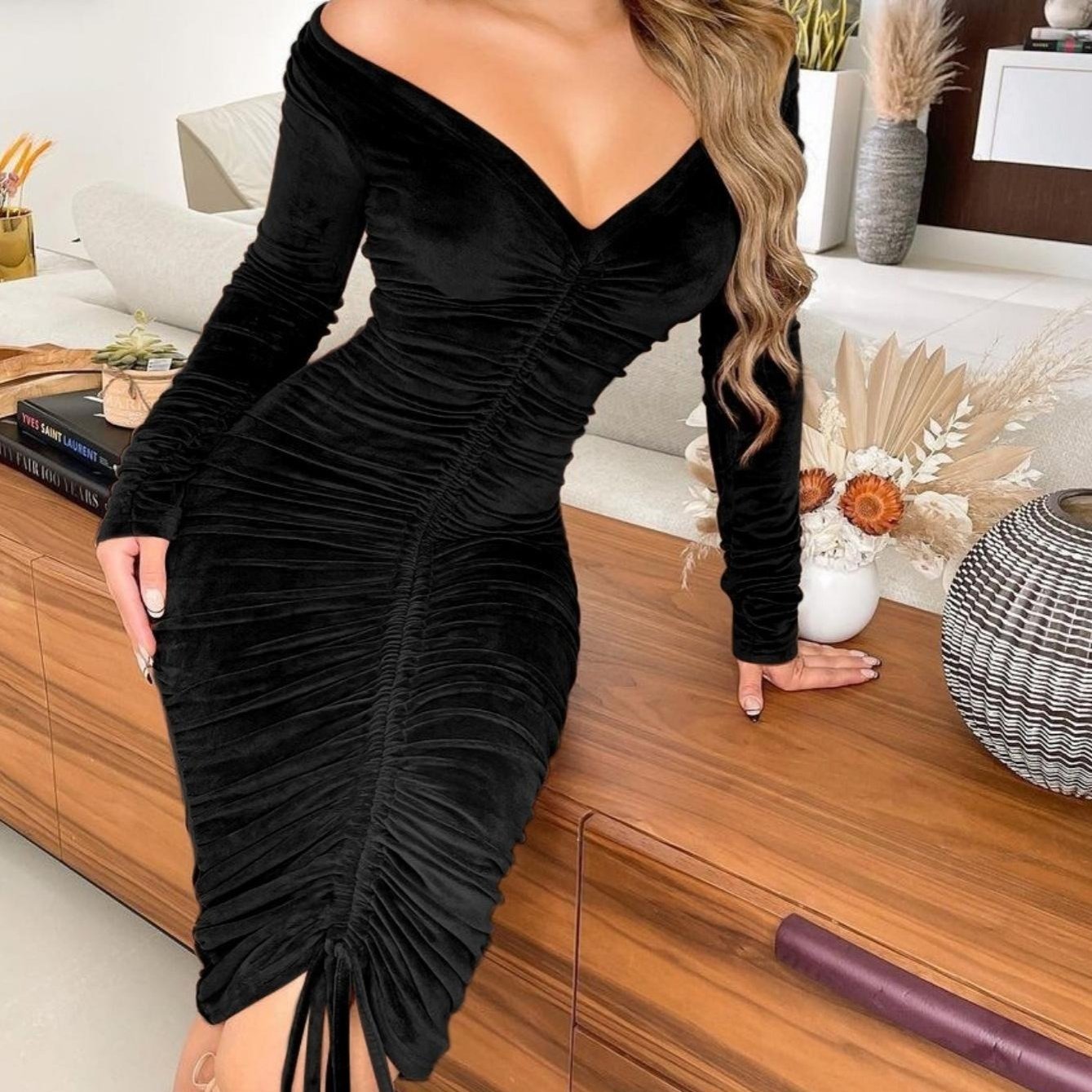 Women's Dresses V Neck Off The Shoulder Velvet Ruched Mid-length Dresses ForeverGifts's Studio