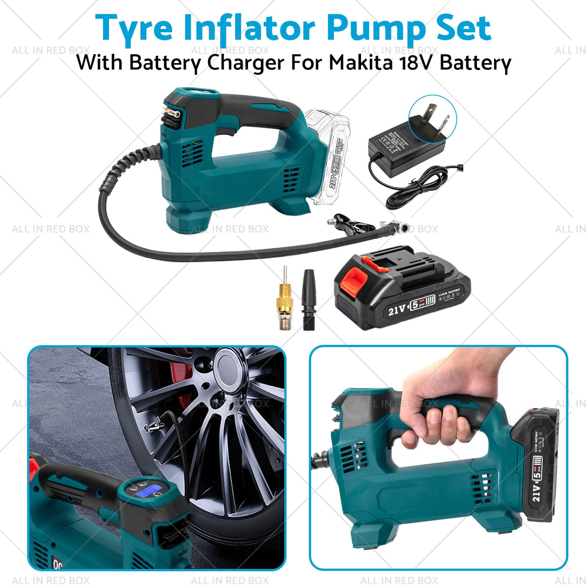 Cordless Portable Tyre Inflator Pump w/ Battery Charger For Makita 18V Battery by All in Red Box