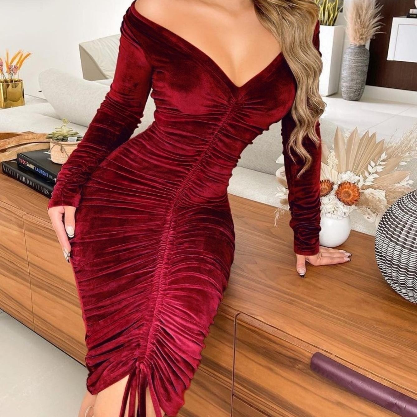 Women's Dresses V Neck Off The Shoulder Velvet Ruched Mid-length Dresses ForeverGifts's Studio