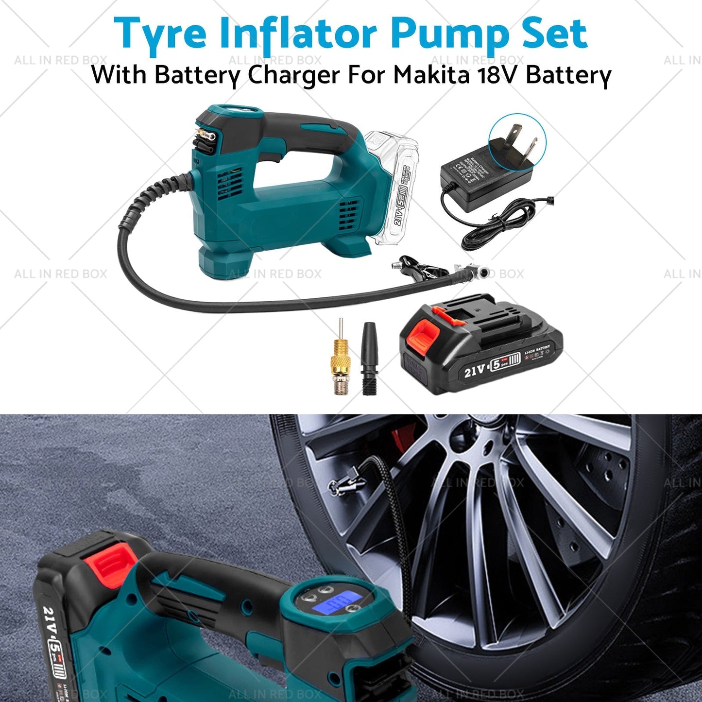 Cordless Portable Tyre Inflator Pump w/ Battery Charger For Makita 18V Battery by All in Red Box