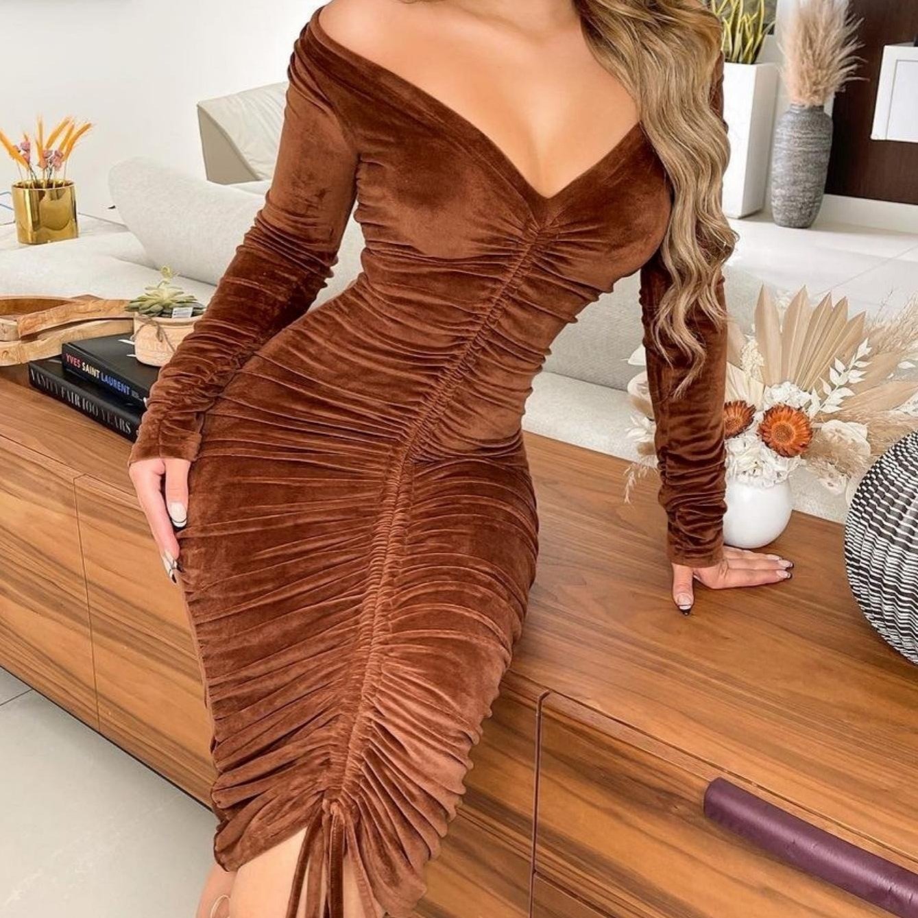 Women's Dresses V Neck Off The Shoulder Velvet Ruched Mid-length Dresses ForeverGifts's Studio