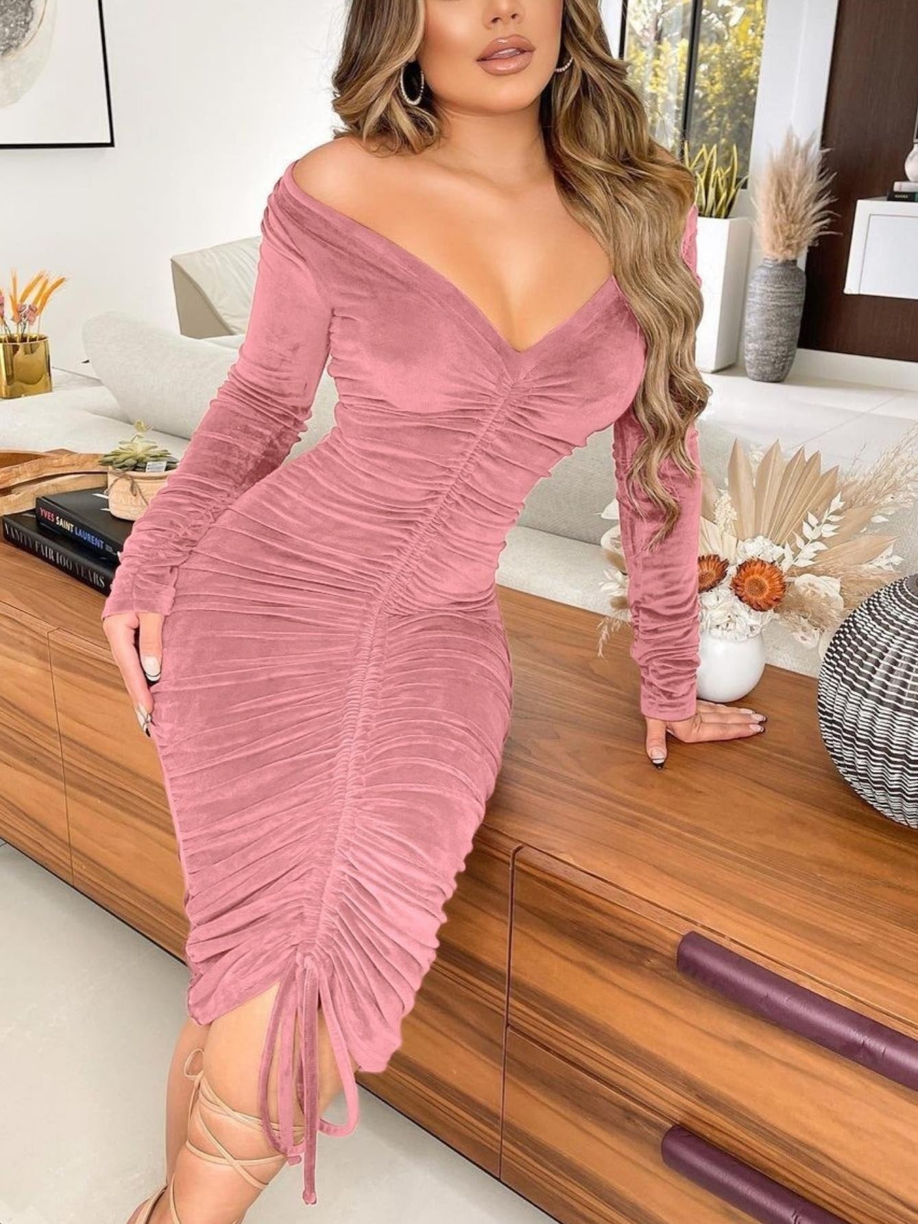 Women's Dresses V Neck Off The Shoulder Velvet Ruched Mid-length Dresses ForeverGifts's Studio