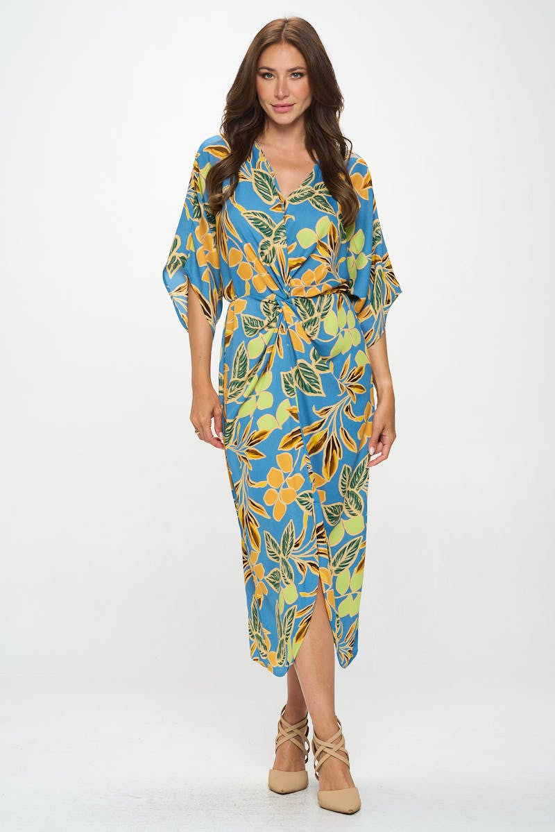 Leaf Print Kimono Dress with Front Twist Reneecollection