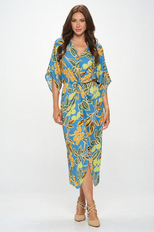 Leaf Print Kimono Dress with Front Twist Reneecollection