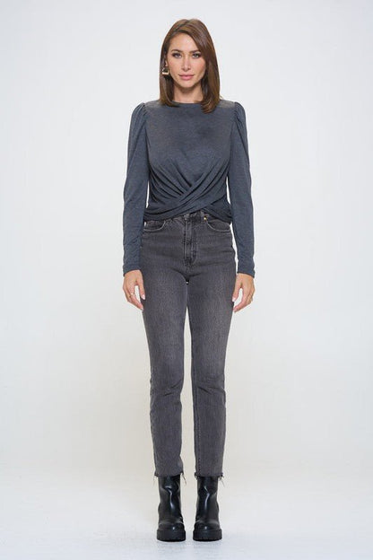 Knit Top with Puff Long Sleeve and Front Twist by Reneecollection
