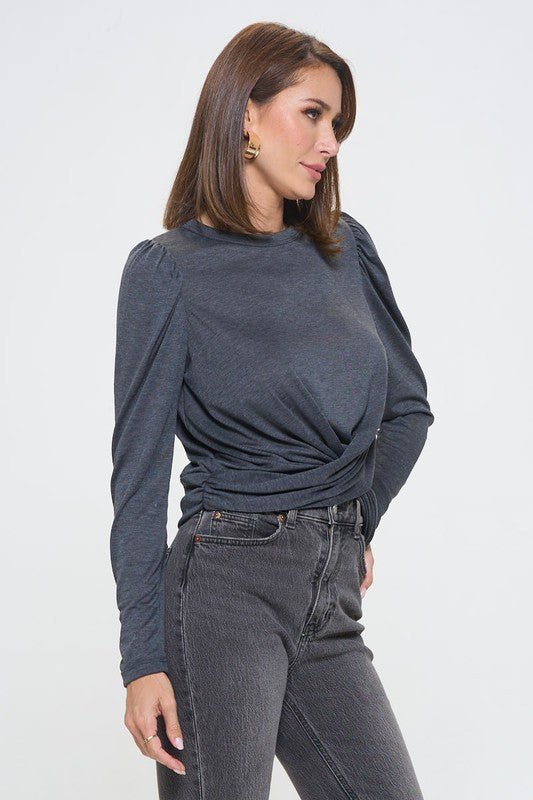 Knit Top with Puff Long Sleeve and Front Twist by Reneecollection