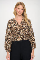 Leopard Print V neck Top with Smock Detail Reneecollection