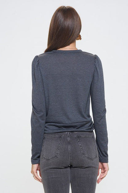 Knit Top with Puff Long Sleeve and Front Twist by Reneecollection