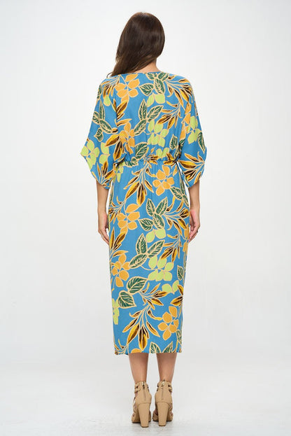 Leaf Print Kimono Dress with Front Twist Reneecollection