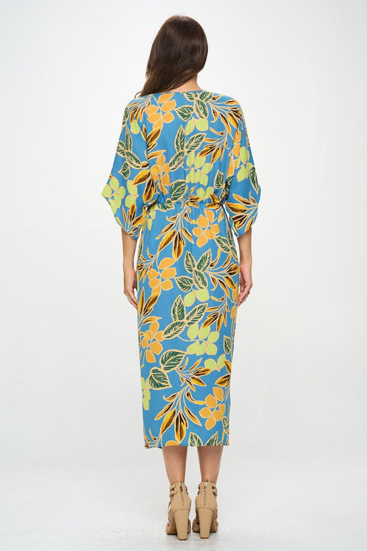 Leaf Print Kimono Dress with Front Twist Reneecollection