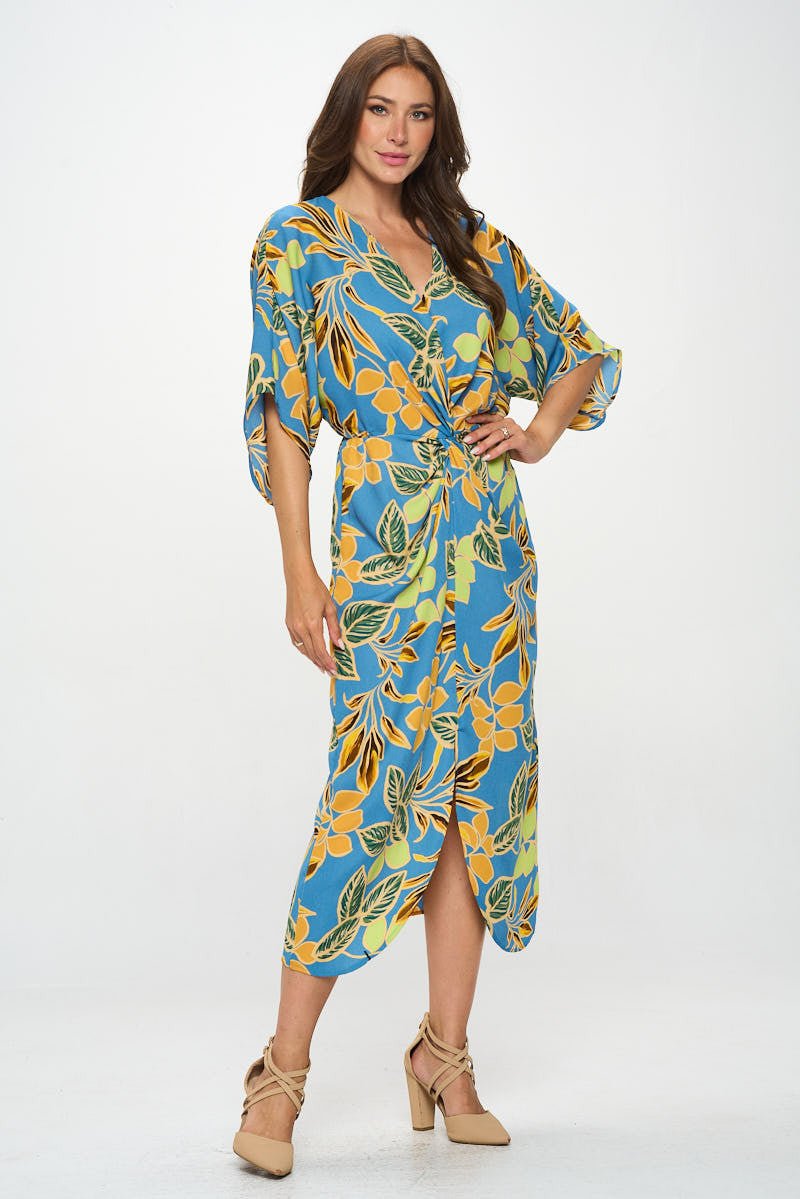 Leaf Print Kimono Dress with Front Twist Reneecollection