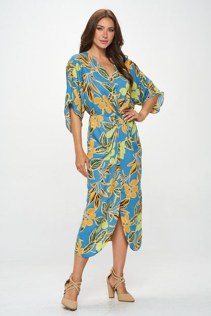 Leaf Print Kimono Dress with Front Twist Reneecollection