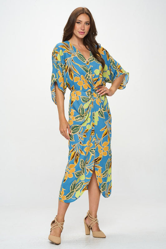 Leaf Print Kimono Dress with Front Twist Reneecollection