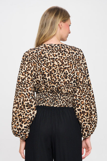 Leopard Print V neck Top with Smock Detail Reneecollection