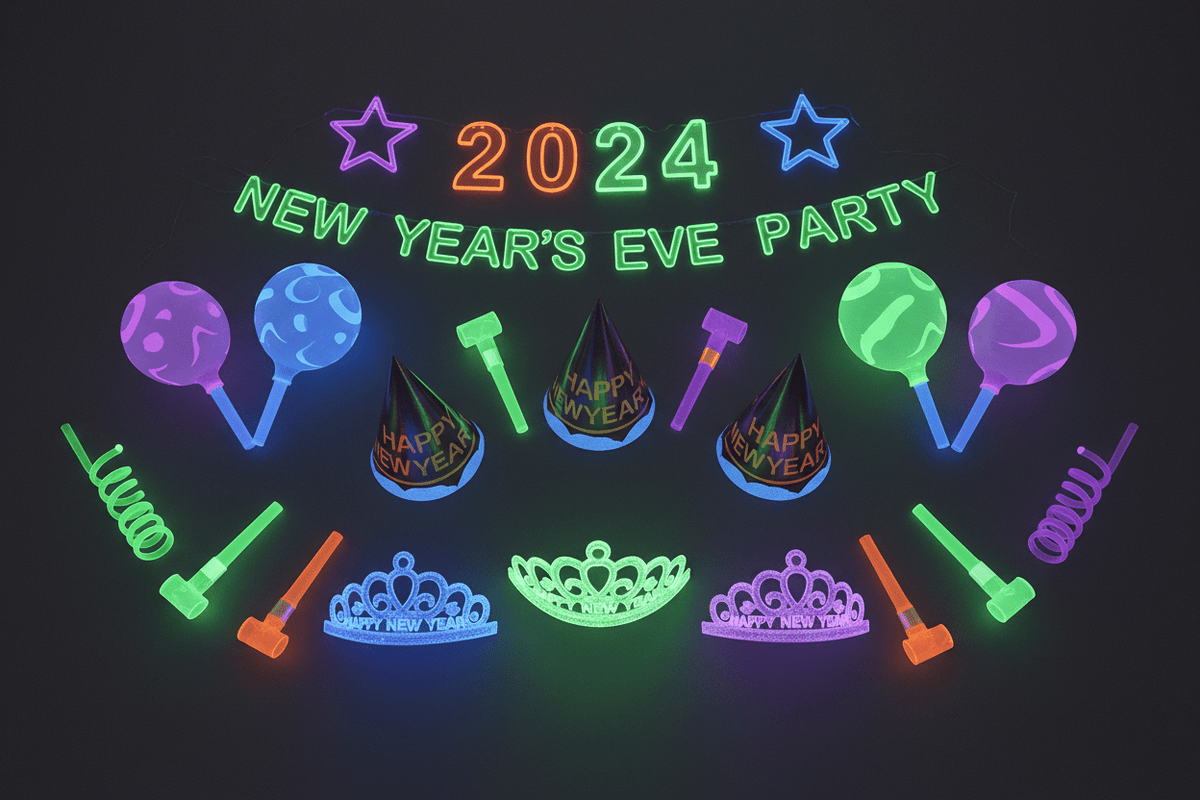Glow-in-the-Dark NYE Party Kit (25 Guests) - 76 Piece Neon Blacklight Set ForeverGifts Studio