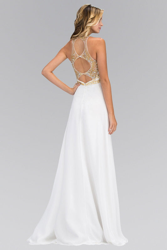 Jewel and Bead Embellished Long Dress with Back Cut Out Tux-USA