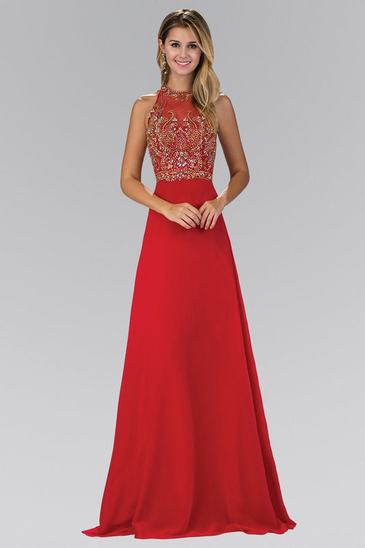 Jewel and Bead Embellished Long Dress with Back Cut Out Tux-USA