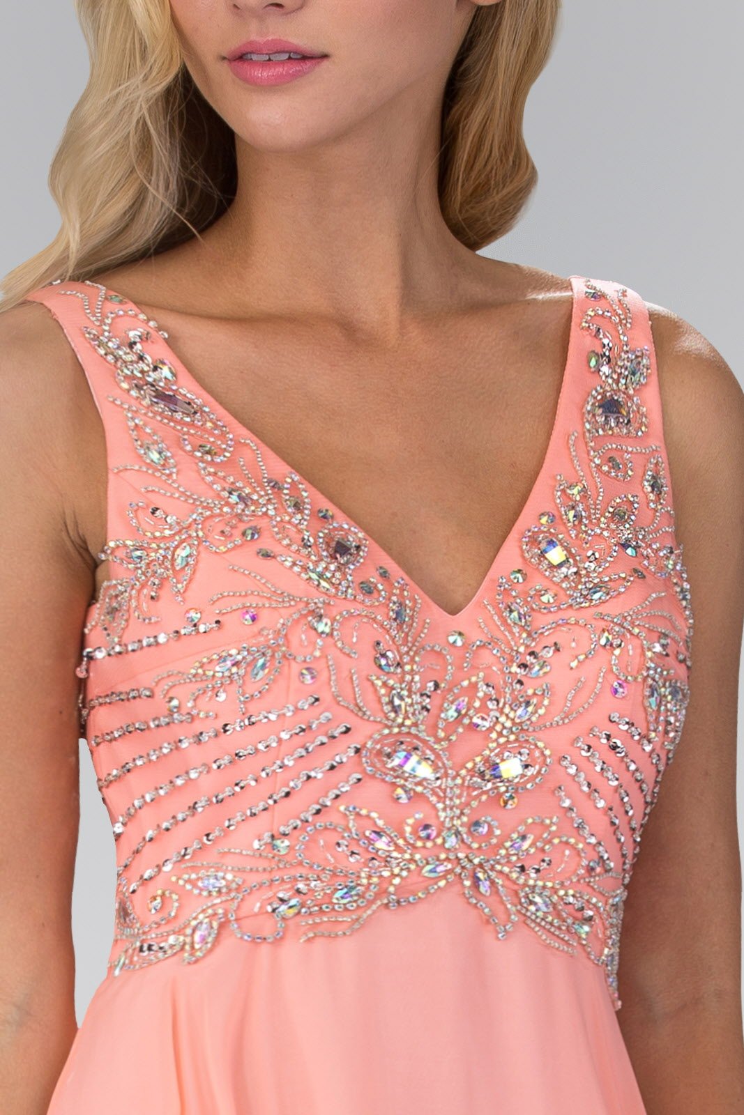V Neck and Back Chiffon Floor Length Dress with Jewel and Sequin Bodice by Tux-USA