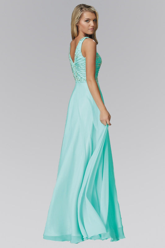 V Neck and Back Chiffon Floor Length Dress with Jewel and Sequin Bodice by Tux-USA
