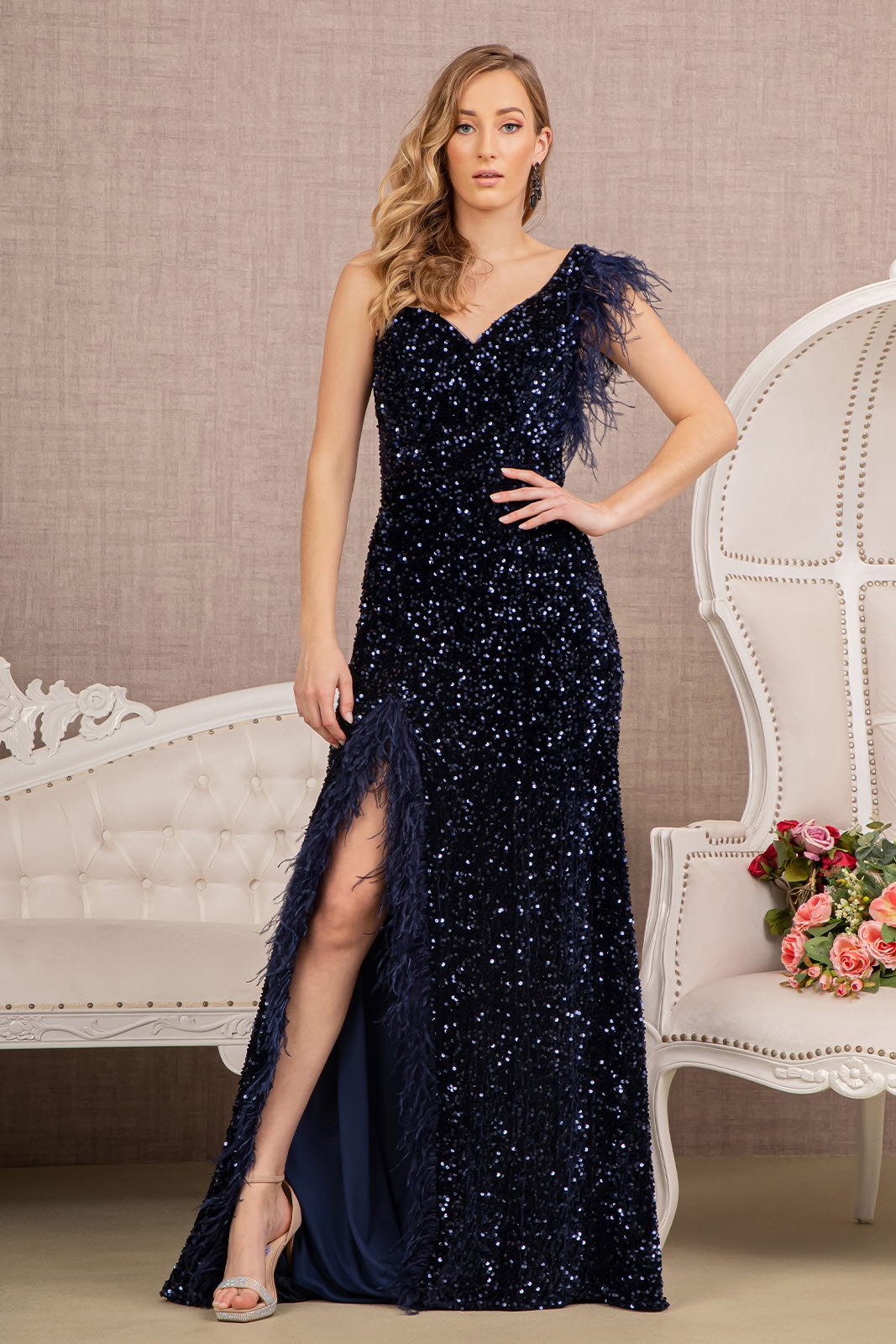 Asymmetric Sleeveless Feather Sequin Velvet Mermaid Dress by Tux-USA