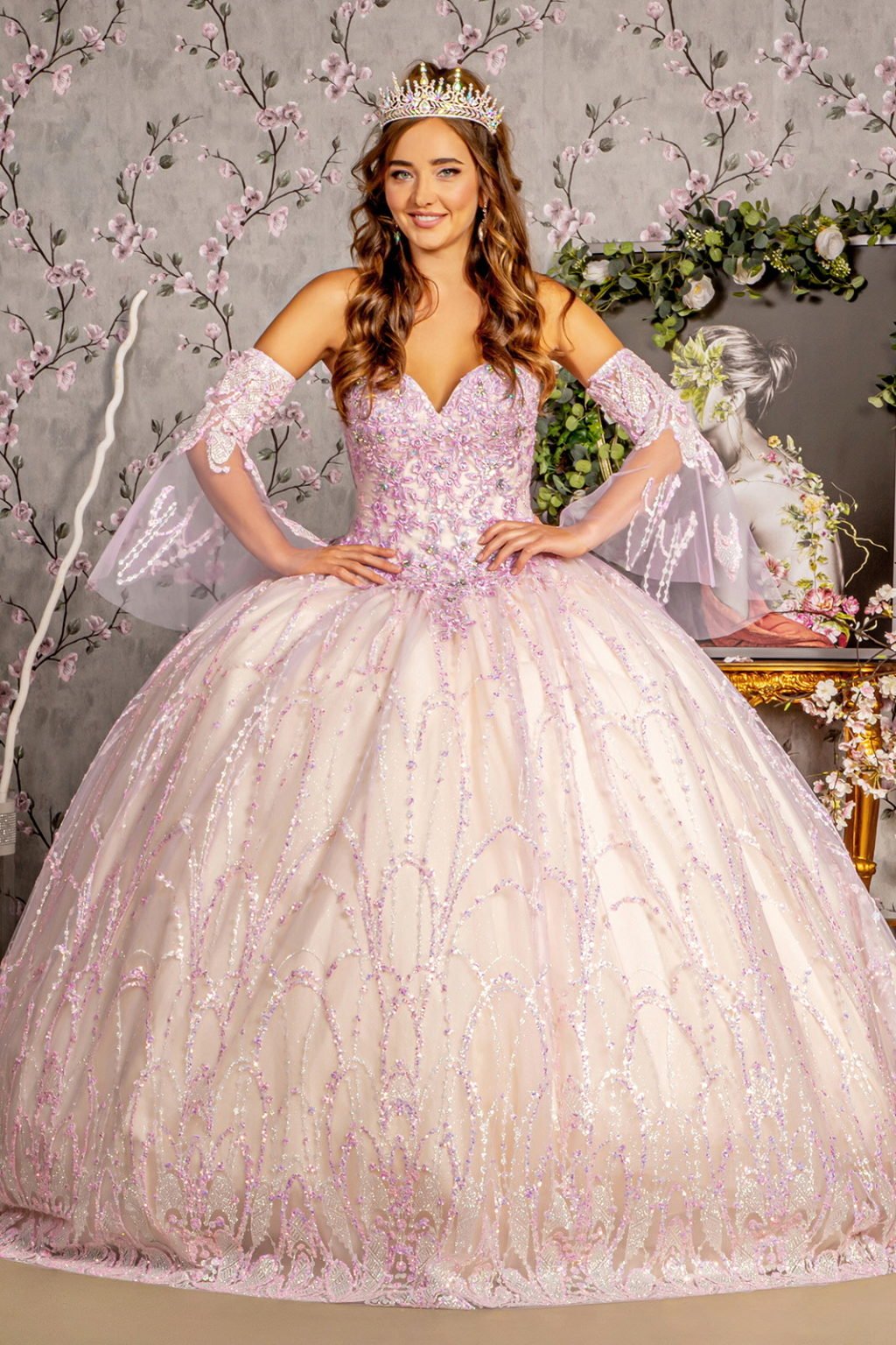 Jewel Sequin Mesh Ball Gown w/ Detachable Long Sleeves Tux-USA