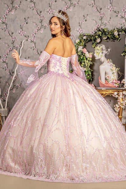 Jewel Sequin Mesh Ball Gown w/ Detachable Long Sleeves Tux-USA