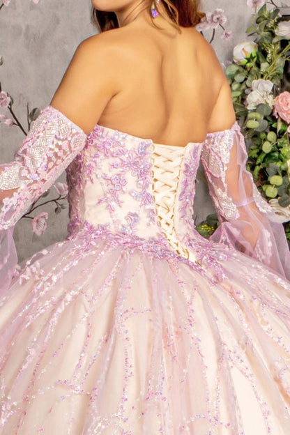 Jewel Sequin Mesh Ball Gown w/ Detachable Long Sleeves Tux-USA